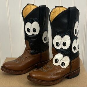 Kids Brown & Black Cartoon Eye Cowboy Boots - Playful Western Style
